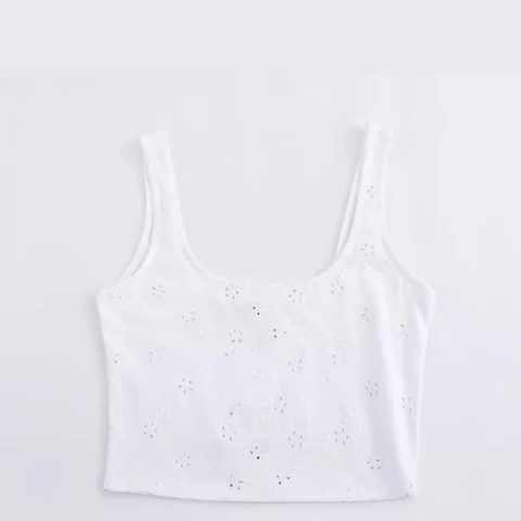 Dames Witte Broderie Anglaise Mini Jurk Mouwloos U-hals Hoge Taille Geplooide Ballonzoom Opengewerkt Sexy Korte Jurk