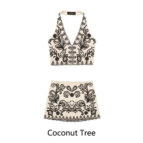Haut Court Dos Nu Et Mini-Jupe Pour Femmes Broderie Florale Style Bohême Vacances Été Tenues Élégantes Sans Manches