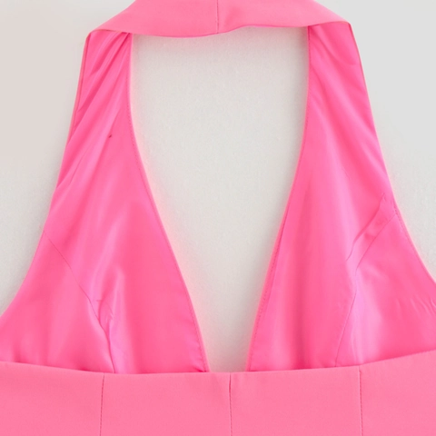 Women Halter Neck Deep V Buckle Vest Streetwear Neon Pink Sleeveless Crop Top Summer Fashion Sexy Backless Solid Tank Top
