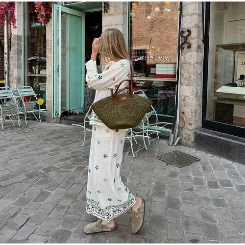 Damen Blumenstickerei Langarm Revers Hemd Und Gerade Hose Zweiteiler Lässige Streetwear Sommer Outfit
