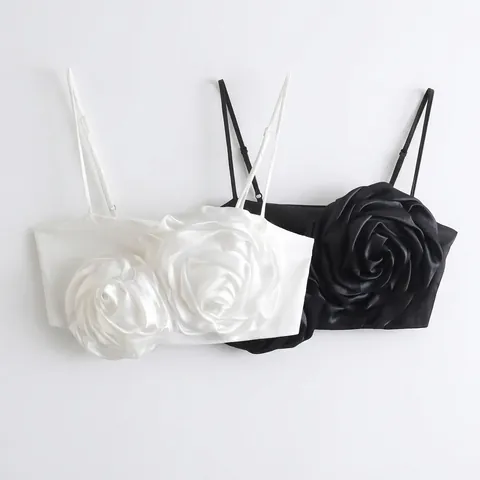 Women Satin Crop Top 3D Rose Flower Decor Sleeveless Cami Top Adjustable Strap Street Style Party Fashion Tank Top