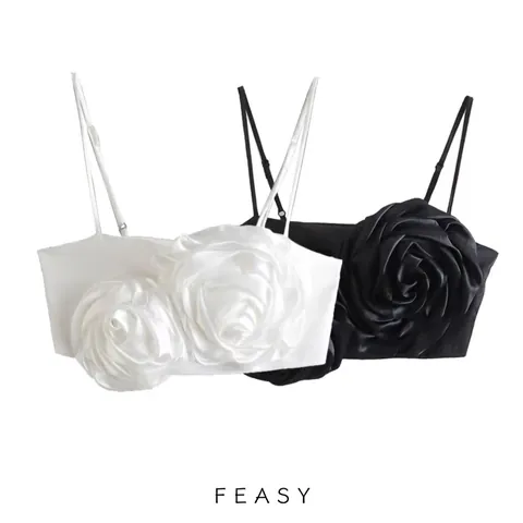 Women Satin Crop Top 3D Rose Flower Decor Sleeveless Cami Top Adjustable Strap Street Style Party Fashion Tank Top