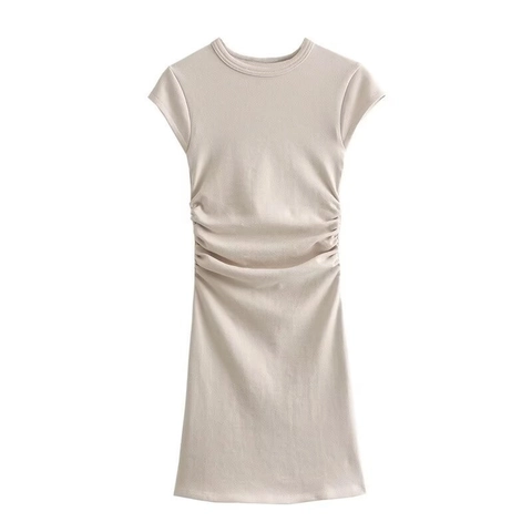 Vestido de Punto Ajustado para Mujer Manga Corta Fruncido Cuello Redondo Vestido Mini Bodycon Color Sólido Verano Casual