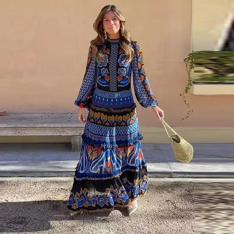 Vestido Largo Bohemio con Estampado Étnico para Mujer Manga Larga Escalonado Patchwork Floral para Fiesta