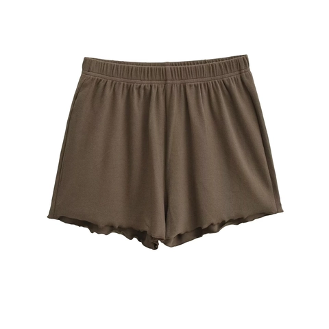 Damen Casual Rippstrick Shorts Elastischer Bund Wellenkante Einfarbig Hohe Taille Bequeme Home Loungewear Schlafshorts