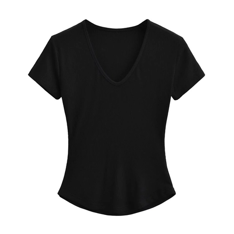 Women Sexy V-Neck Slim Fit Ribbed T-Shirt Short Sleeve Curved Hem Solid Color Summer Basic Streetwear Tops