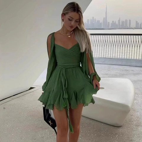 Women Sexy Wrap V Neck Backless Chiffon Mini Dress Lantern Long Sleeve Lace Up Elegant Solid Leopard Zebra A-Line Party Dress