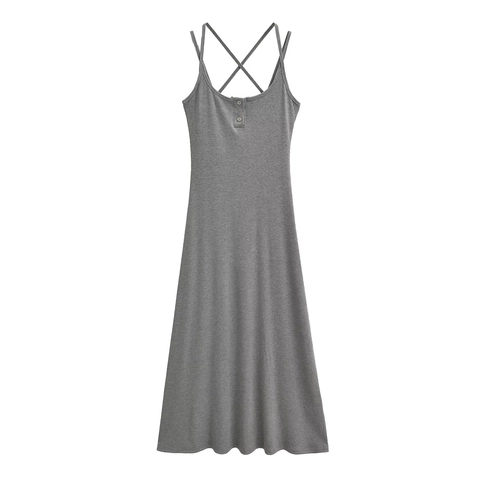 Robe Cami Sexy en Maille Côtelée pour Femmes Dos Croisé Col Rond Profond Décor de Boutons Coupe Ajustée Taille Haute Maxi