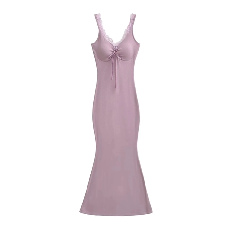 Women Sexy V Neck Lace Trim Mermaid Maxi Dress Cotton Blend Sleeveless Bow Decor Slim Fit Bodycon Summer Dress