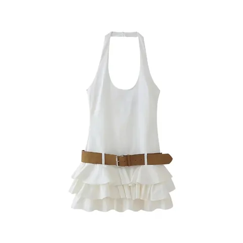 Women Halter Neck Mini Dress Summer Sleeveless Tiered Ruffle Cake Dress With Belt Solid White Beach Holiday Party Dress