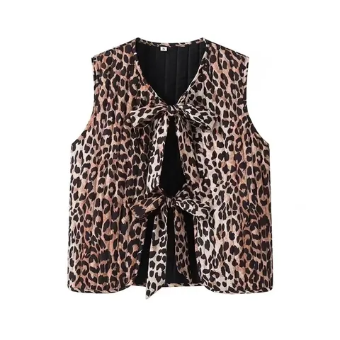 Gilet Trapuntato da Donna Vintage con Stampa Leopardata e Fiocco Giacca Senza Maniche Streetwear Casual
