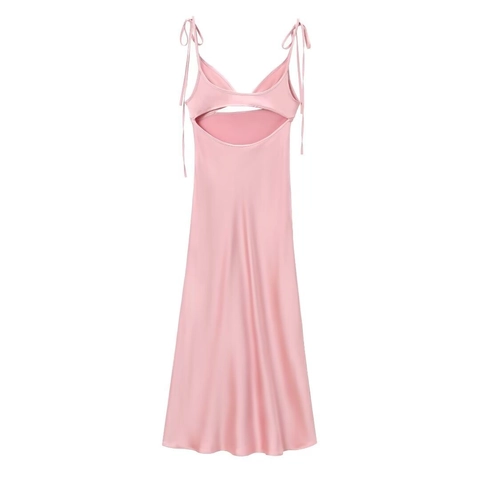 Women Sexy Pink Satin Spaghetti Strap Cut Out Maxi Dress Backless Bow Tie Elegant Party Evening Bodycon Slit Summer Dress