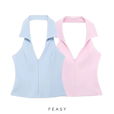 Top de Cuello Halter para Mujer Escote en V Profundo Cuello de Solapa Chaleco Sin Mangas Ajustado Cremallera Verano Ropa de Calle