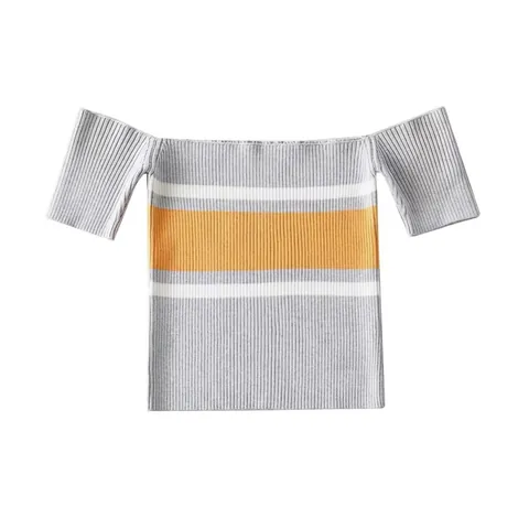 Women Sexy Off-Shoulder Striped Ribbed Knit Crop Top Summer Short Sleeve Slim Fit Elastic Streetwear Tee Shirt Light Gray