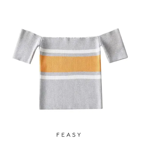 Dames Sexy Off-Shoulder Gestreepte Ribgebreide Crop Top Zomer Korte Mouw Slim Fit Elastisch Streetwear T-Shirt Lichtgrijs