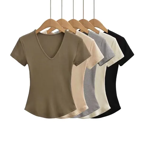 Women Sexy V-Neck Slim Fit Ribbed T-Shirt Short Sleeve Curved Hem Solid Color Summer Basic Streetwear Tops
