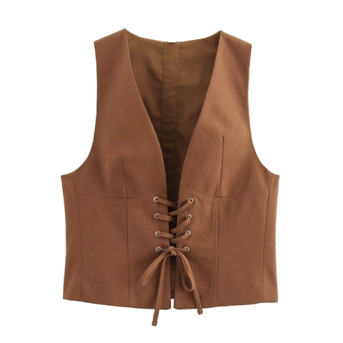 Conjunto de Algodón y Lino para Mujer Chaleco Con Cordones y Mini Falda de Corte en A Vintage Slim Cuello en V Sin Mangas Marrón