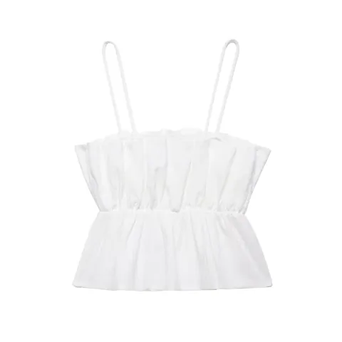 Canotta Estiva da Donna Bianca con Orlo a Volant e Arricciatura Vestibilità Slim Crop Top Senza Maniche Elegante Canotta per Vacanza