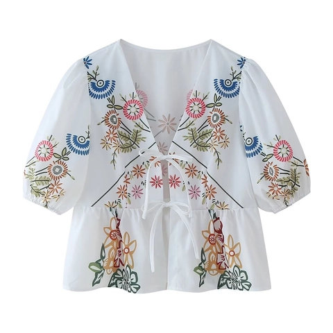 Women Fashion V Neck Short Sleeve Floral Print Tie Up Blouse Summer Streetwear Peplum Puff Sleeve Woven Polyester Top