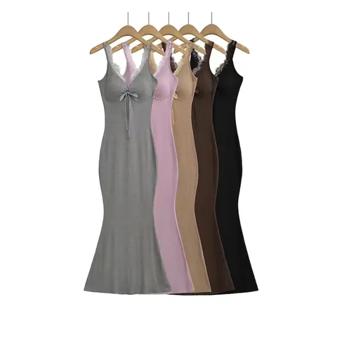 Women Sexy V Neck Lace Trim Mermaid Maxi Dress Cotton Blend Sleeveless Bow Decor Slim Fit Bodycon Summer Dress