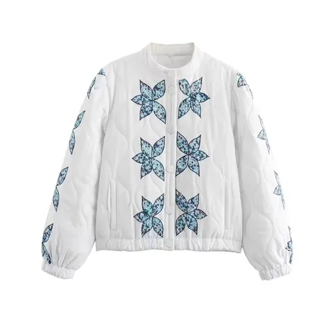 Chaqueta Acolchada Casual para Mujer Abrigo Acolchado Ligero Cuello Alto Botones Frontales Estampado Floral Azul Manga Larga