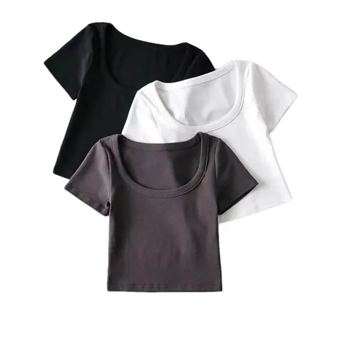 Camiseta Corta Sexy para Mujer Verano Cuello en U Profundo Manga Corta Ajustada Mezcla de Algodón Color Sólido Básica Streetwear