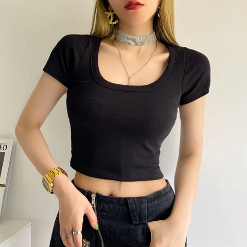 Camiseta Corta Sexy para Mujer Verano Cuello en U Profundo Manga Corta Ajustada Mezcla de Algodón Color Sólido Básica Streetwear