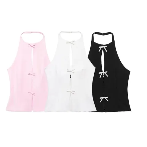Top Halter sin Mangas para Mujer con Abertura de Cerradura Ajustado Decoración de Lazo Sexy Party Clubwear Verano Camiseta