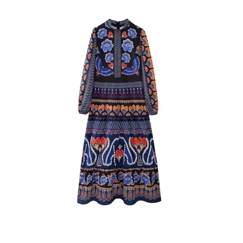 Vestido Largo Bohemio con Estampado Étnico para Mujer Manga Larga Escalonado Patchwork Floral para Fiesta