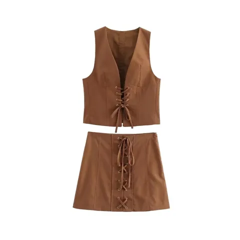 Conjunto de Algodón y Lino para Mujer Chaleco Con Cordones y Mini Falda de Corte en A Vintage Slim Cuello en V Sin Mangas Marrón