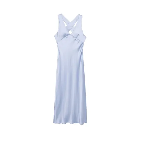 Abito Midi in Satin Azzurro Elegante da Donna Sexy con Schiena Scoperta Incrociata Senza Maniche Scollo a V per Festa Estate