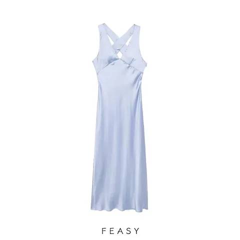 Elegant Light Blue Satin Midi Dress For Women Sexy Criss Cross Backless Sleeveless V Neck Solid Color Evening Party Summer Dress