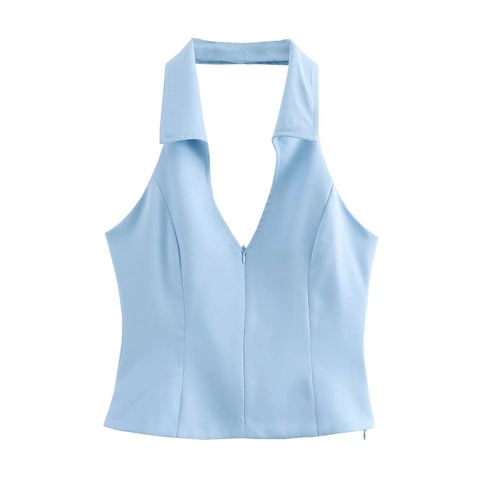 Ensemble Été Femme Top Halter Col V Style Chemise Et Skort Sans Manches Gilet à Fermeture Éclair Short Jupe Mode