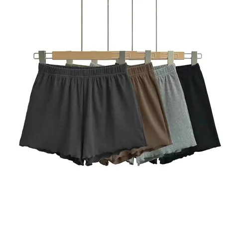 Damen Casual Rippstrick Shorts Elastischer Bund Wellenkante Einfarbig Hohe Taille Bequeme Home Loungewear Schlafshorts