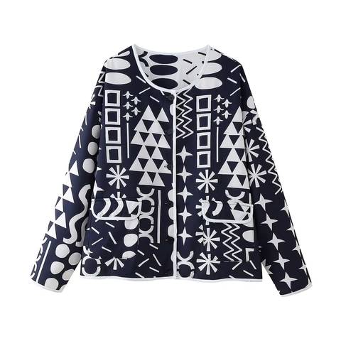 Veste Rembourrée Réversible pour Femme avec Imprimé Géométrique Col Rond Manches Longues Simple Boutonnage Manteau en Polyester