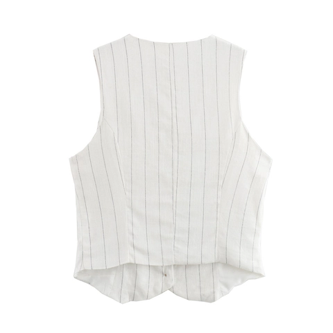Women Cotton Linen Pinstripe Waistcoat Vest And Wide Leg Pants Suit Elegant V Neck Single Breasted Sleeveless Top Outfit
