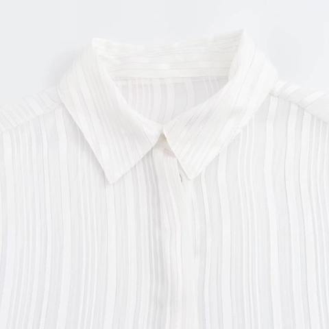 Blusa Informal de Manga Larga para Mujer Elegante Blanca con Botones y Solapa Camisa con Textura de Rayas Verticales Tops de Oficina