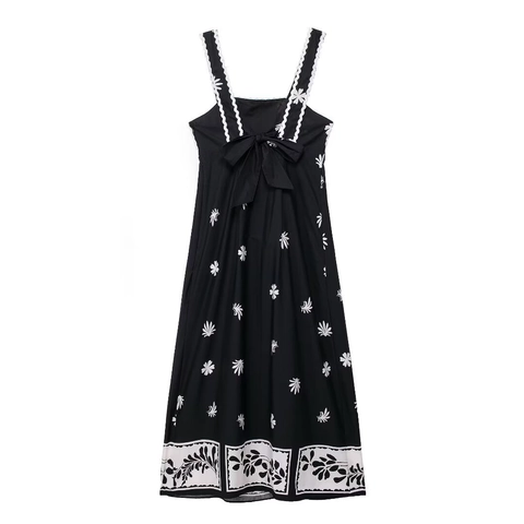 Women's Summer Vintage Floral Maxi Dress Black White Daisy Print Scalloped Edge Trim Sling Sleeveless Bow Back Sun Dress