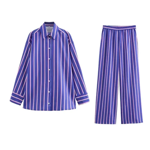 Damen Gestreift Casual Langarm Umlegekragen Hemd Mit Knöpfen Und Gerade Weite Hose Elegante Streetwear Outfit