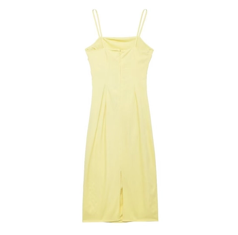 Damen Sommer Blassgelbes Cami Midi-Kleid Slim Fit Seitliche Raffung Bodycon Rückenschlitz Ärmelloses Elegantes Clubwear Kleid