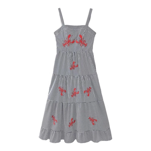Women Blue White Gingham Lobster Embroidery Cami Dress Tiered Smocked Bodice Summer Vacation Pastoral Maxi Dress