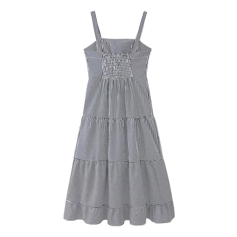 Damen Blau Weiß Gingham Hummer Stickerei Trägerkleid Gestufter Gesmokter Oberkörper Sommerurlaub Pastoral Maxi Kleid