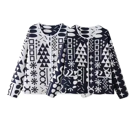 Veste Rembourrée Réversible pour Femme avec Imprimé Géométrique Col Rond Manches Longues Simple Boutonnage Manteau en Polyester