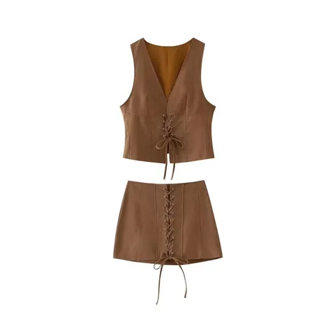 Damen Vintage Braun Schnürung Set Schmale Passform V-Ausschnitt Weste Top Und Hohe Taille Mini A-Linien-Rock Sommer Outfits