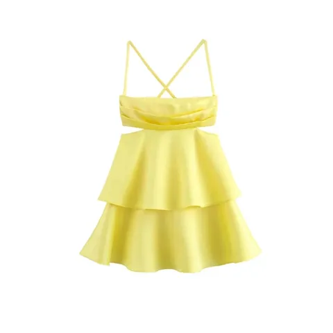 Robe à Bretelles en Satin d'Été pour Femmes Sexy Dos Nu Évidée Jaune Mini Robe Coupe en A pour Vacances Fête Mode de Rue