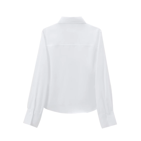 Damen Casual Weiße Langarmbluse Umlegekragen Button Down Hemd Mit Seitlichem Kordelzug Taillenbindung Detail Tops