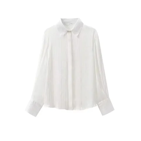 Blusa Informal de Manga Larga para Mujer Elegante Blanca con Botones y Solapa Camisa con Textura de Rayas Verticales Tops de Oficina
