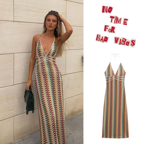 Robe Maxi pour Femmes en Tricot au Crochet Dos Nu Col en V Sans Manches Motif Vague Multicolore Bohème Moulante