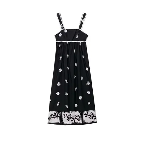 Women's Summer Vintage Floral Maxi Dress Black White Daisy Print Scalloped Edge Trim Sling Sleeveless Bow Back Sun Dress