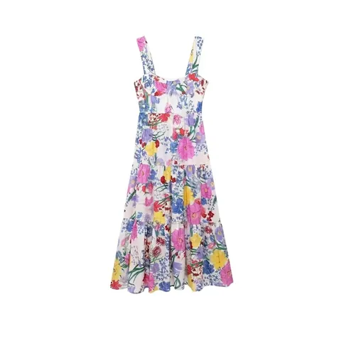 Abito Lungo da Donna con Stampa Floreale Scollo a Cuore Abito Estivo a Balze Senza Maniche a Vita Alta Stile Boho